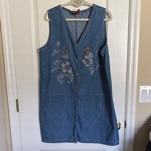 Vtg 90s Denim Sleeveless Vest Midi Dress with Hand-painted birds and flowers